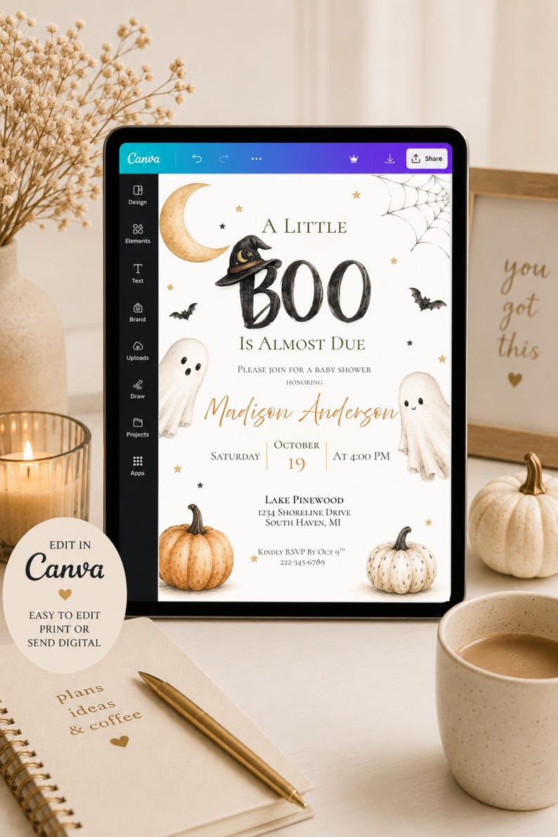 Halloween Baby Shower Invitation, A Little Boo Is Almost Due, Editable Canva Template image 4