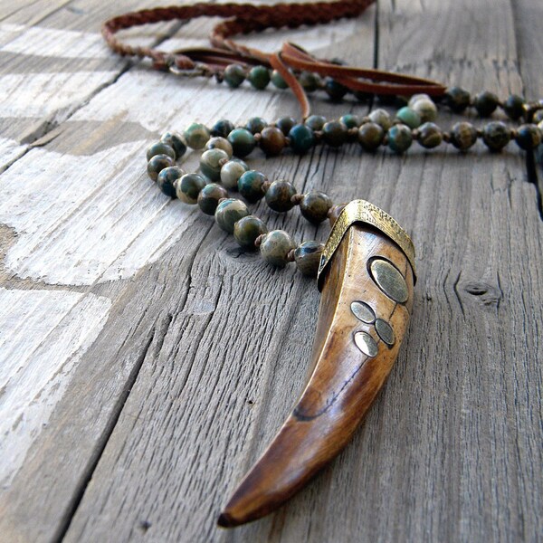 Long Boho Beaded Necklace, Large Inlaid Tibetan Horn, Handknotted Aqua Terra Jasper, Braided Sable Leather, Rustic Bohemian Necklace
