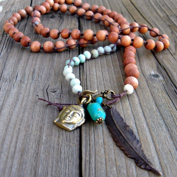 Rosewood Amazonite Beaded Amulet, Yoga jewelry, Earthy, Zen, Buddha, Bronze Feather, Turquoise, Rosewood Beaded Necklace