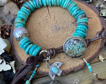 Blue Green Turquoise Heishi, Round Turquoise button, artisan bird charm, Turquoise bracelet