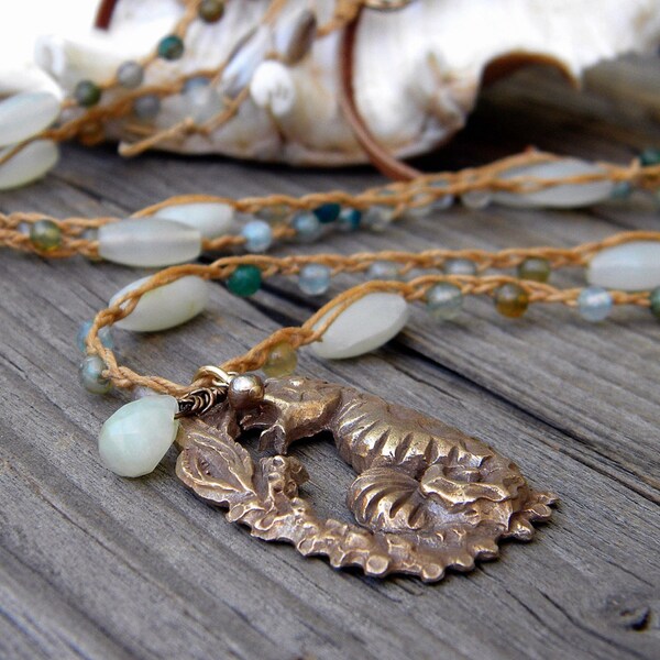 Long Boho Necklace, Artisan Antiqued Bronze hand casted Seahorse, Braided Waxed Linen, Blue Agate, pale Green Jade, buttery Soft leather