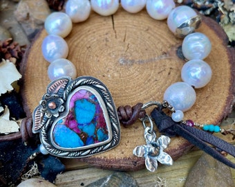 High end Edison pearl bracelet, white Edison pearls, artisan silver, turquoise heart  button