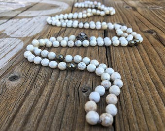 SALE Knotted Beaded necklace, Long Beaded Necklace, oxidized Sterling Silver Diamond Pavé Bead, Bohemian Necklace