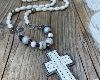 Diamond Pave Bone Cross Pendant, Long Rustic Necklace, artisan Religious necklace