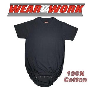 May include: Black baby gown with short sleeves and snap closures at the bottom. The text "WEAR2WORK" is above the gown in red and gray. The text "100% Cotton" is in the lower right corner.