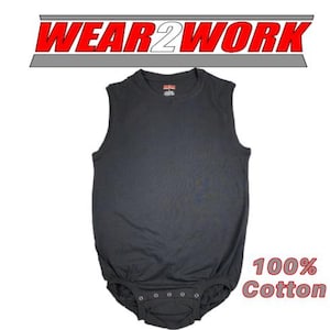 May include: A dark grey sleeveless bodysuit made of 100% cotton. The bodysuit has a round neckline and snap closures at the bottom. The text "WEAR2WORK" is displayed at the top.