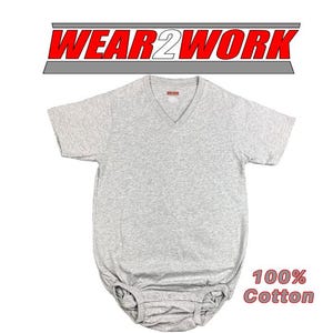 May include: A gray, short-sleeved bodysuit with a V-neck collar. The garment is made of 100% cotton and features snap closures at the bottom. The text "WEAR2WORK" is displayed above the bodysuit in red and white.