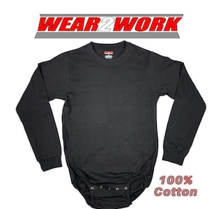 May include: Black long-sleeved bodysuit with snap closures at the bottom. The text "WEAR2WORK" is displayed in red above the bodysuit. The text "100% Cotton" is displayed in the lower right corner.