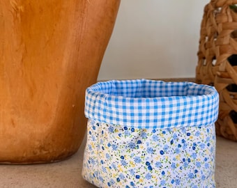 Handmade Fabric Basket | Puffy Storage Bin | Blue Floral + Gingham