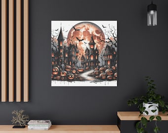 Spooky Canvas Wall Print, Haunted House Artwork, Fall Home Decoration, Pumpkin Halloween Decor