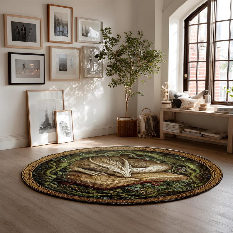 3D Dragon Fantasy Rug, Magic Book Illusion Round Carpet, Velvet Anti ...