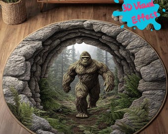 3D Bigfoot Rug, Sasquatch Cave Round Rug, Forest Creature Floor Mat