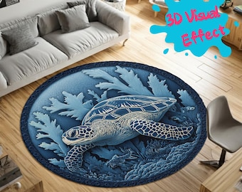 3D Sea Turtle Round Rug, Ocean Animal Area Rug, Turtle Underwater Illusion Floor Mat for Living Room Bedroom Home Decor