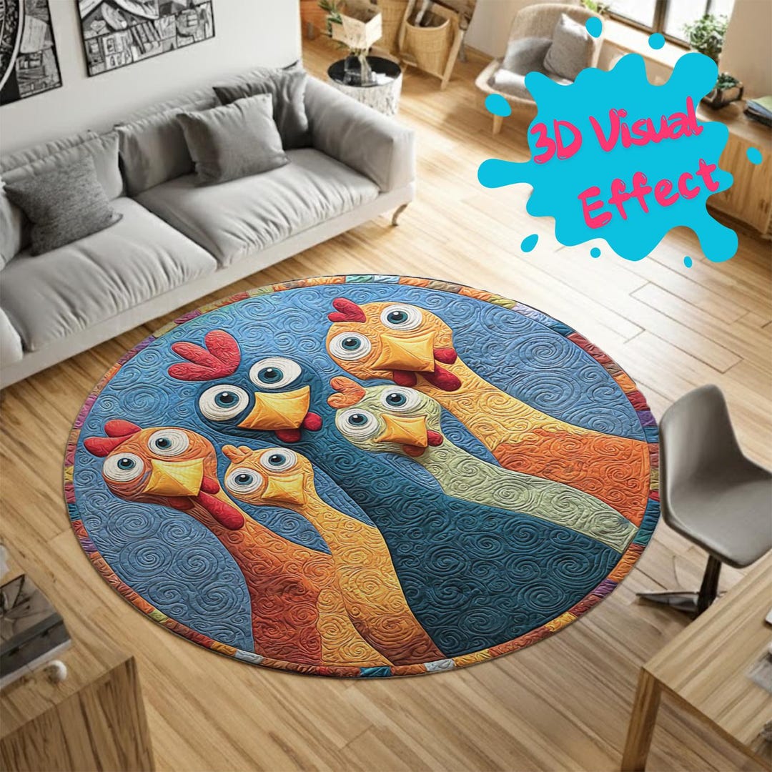 Funny Chicken Round Rug, Colorful Cartoon Farm Animal Area Rug, 3D ...