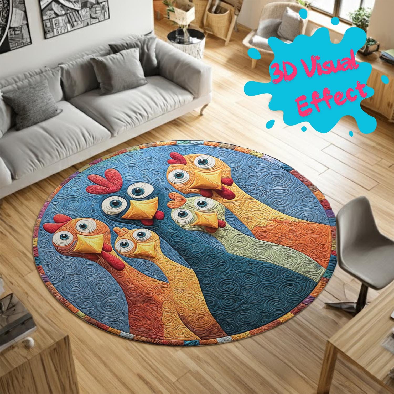 Chicken Rug Colorful Funny Chicken Round Rug, Colorful Cartoon Farm Animal Area Rug, 3D ...