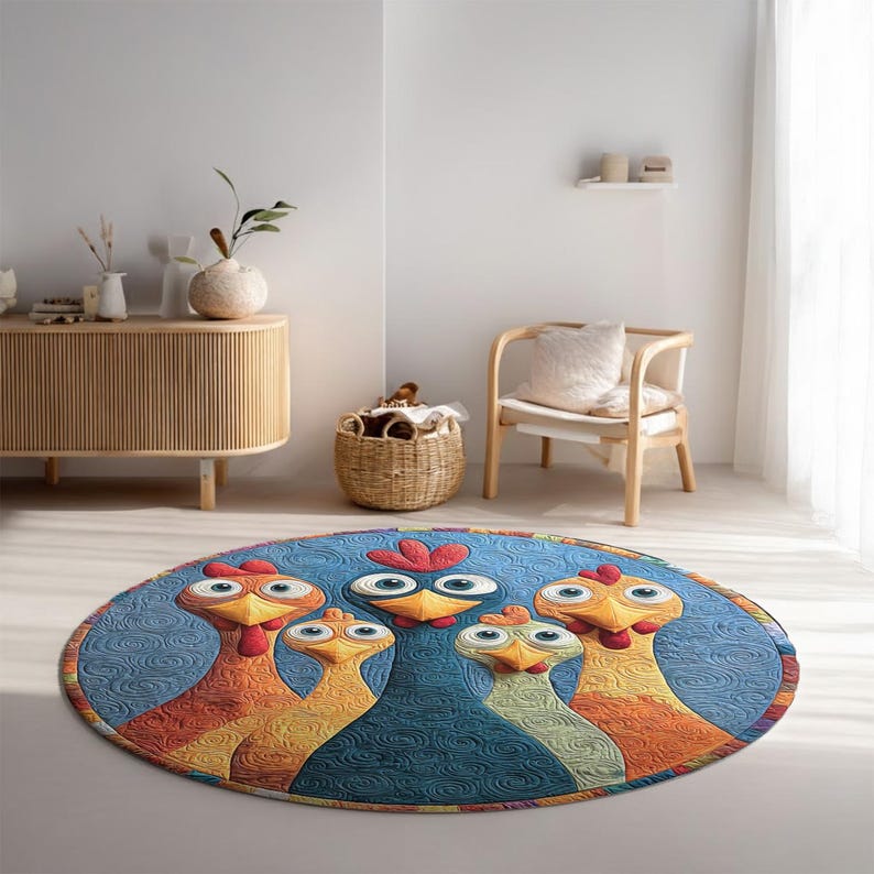 Funny Chicken Round Rug, Colorful Cartoon Farm Animal Area Rug, 3D ...