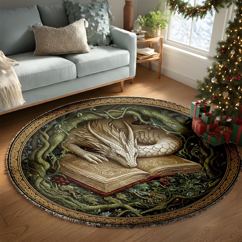 3D Dragon Fantasy Rug, Magic Book Illusion Round Carpet, Velvet Anti ...
