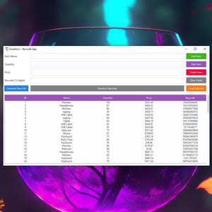 Op de afbeelding: Een computerscherm toont een inventarisbeheerapplicatie met de titel "Inventory - Barcode App". De interface bevat velden voor artikelnaam, hoeveelheid en prijs, samen met knoppen om items toe te voegen, te bewerken en te verwijderen. Een tabel toont items.