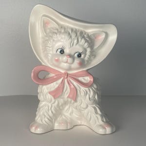 Vintage Inarco Adorbale White Kitten Big Pink Bow and Hat Planter/Shelf Decor