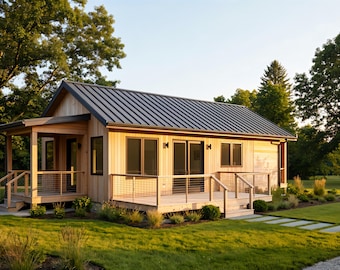 36' x 20' Tiny House Rustic ADU Architectural Plans - Custom 665 SF 1 Bedroom Cozy Cabin Blueprints PDF
