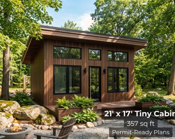 21x17 Tiny Cabin Plans (357 sq ft) | Permit-Ready Modern Lean ADU Cabin | Studio Blueprint PDF | Instant Download