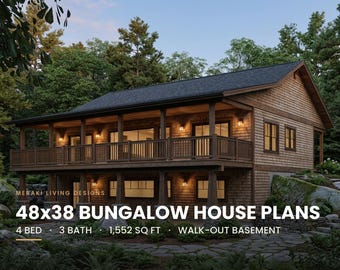48x38 Bungalow House Plans, 3 Bed 3 Bath Walk Out Basement | 1552 sq ft Modern Plan w/ Vaulted Great Room | PDF Blueprint Instant Download