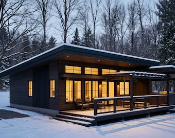 34' x 24' Lean Cabin ADU Architectural Plan - Custom 759SF 2 Bedroom Cottage House Blueprints PDF