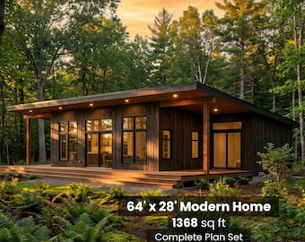 64' x 28' Schlankes, modernes 2-Zimmer-Haus – Architekturpläne – 1368 Quadratfuß große Öko-Hütte mit großer Terrasse | Airbnb / ADU-Bauplan (PDF)