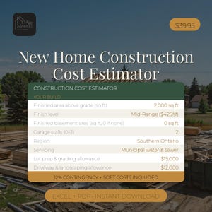 May include: A digital New Home Construction Cost Estimator template featuring a Meraki logo, a table with fields for finished area, finish level, basement area, garage stalls, region, servicing, and allowances, plus 12% contingency and soft costs.