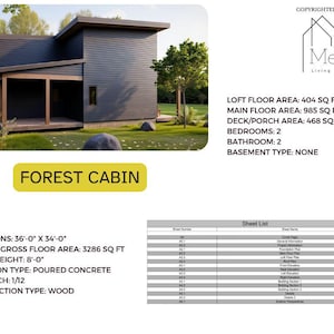 May include: A modern forest cabin design with a dark gray exterior, a covered porch, and a flat roof. The image includes the text "FOREST CABIN" and architectural details, including dimensions of 36' x 34' and a gross floor area of 3286 sq ft.