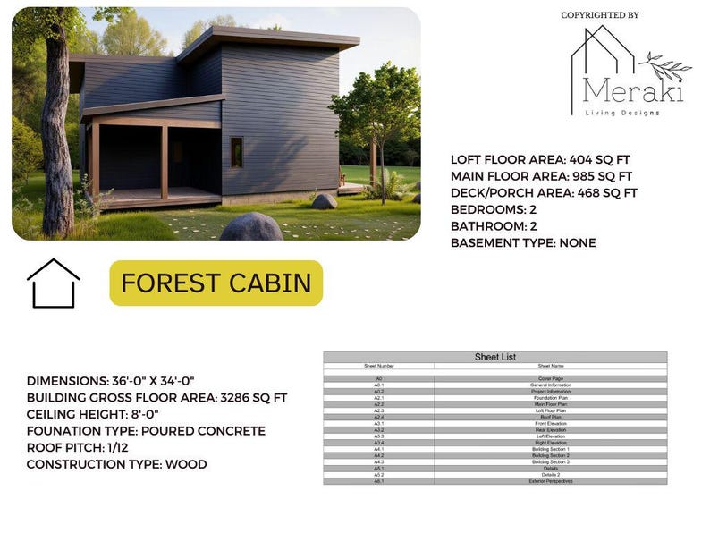 May include: A modern forest cabin design with a dark gray exterior, a covered porch, and a flat roof. The image includes the text "FOREST CABIN" and architectural details, including dimensions of 36' x 34' and a gross floor area of 3286 sq ft.