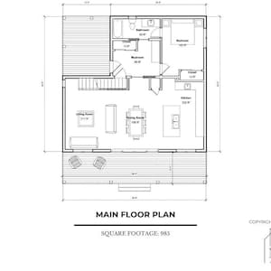 May include: A black and white architectural floor plan of a house, labeled "Main Floor Plan." The plan includes a living room, dining room, kitchen, bedroom, and bathroom. The square footage is 985 sq ft.