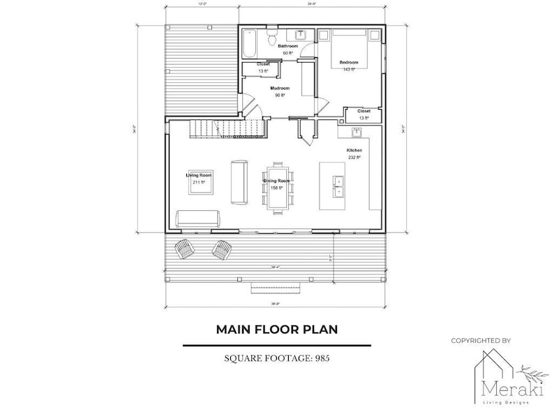 May include: A black and white architectural floor plan of a house, labeled "Main Floor Plan." The plan includes a living room, dining room, kitchen, bedroom, and bathroom. The square footage is 985 sq ft.
