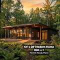 64' x 28' Lean Modern 2 Bedroom House Architectural Plans – 1368 Sq Ft Eco Cabin w/ Huge Deck | Airbnb / ADU Blueprint PDF