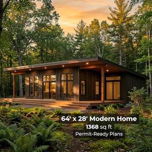 64 'x 28' slank modern huis met 2 slaapkamers, architectonische plannen - 1368 vierkante voet Eco-hut met enorm dek | Airbnb/ADU blauwdruk pdf