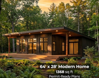 64' x 28' Lean Modern 2 Bedroom House Architectural Plans – 1368 Sq Ft Eco Cabin w/ Huge Deck | Airbnb / ADU Blueprint PDF