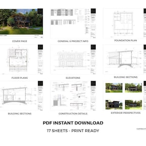 May include: A collection of architectural plans for a forest cabin, including cover page, floor plans, elevations, and building sections. The PDF instant download includes 17 print-ready sheets. The image also shows exterior perspectives and construction details.