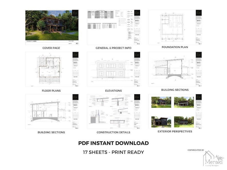 May include: A collection of architectural plans for a forest cabin, including cover page, floor plans, elevations, and building sections. The PDF instant download includes 17 print-ready sheets. The image also shows exterior perspectives and construction details.