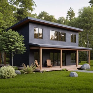 May include: A modern two-story house with a dark gray exterior and a wooden porch. The house has large windows and is surrounded by lush green trees and grass. Two wooden chairs are on the porch. The house is in a natural setting.