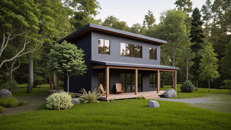 May include: A modern two-story house with a dark gray exterior and a wooden porch. The house has large windows and is surrounded by lush green trees and grass. Two wooden chairs are on the porch. The house is in a natural setting.