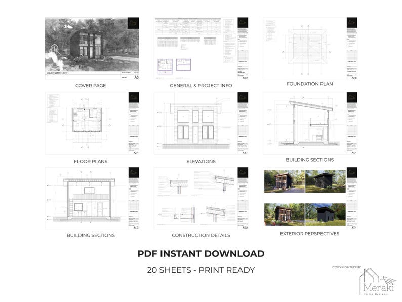 Cabin With Loft House Plans | 21x17 Modern Cottage Blueprint | Permit ...