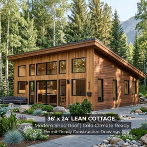 Puede incluir: Una cabaña moderna revestida de madera con techo inclinado, rodeada de exuberante vegetación. El edificio presenta grandes ventanas y marcos negros. El texto de la imagen dice: 36' x 24' Lean Cottage, Modern Shed Roof, Cold Climate Ready, Permit-Ready Construction Drawings.