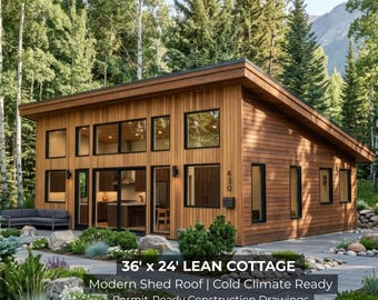 36x24 Modern Lean Cottage House Plans | Cabin Floor Plan PDF | Instant Download | Architectural Drawings | Shed Roof | Small Cabin Plans