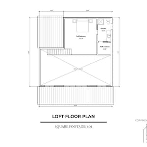 May include: A black and white loft floor plan with dimensions and room labels. The plan includes a loft bedroom, ensuite, walk-in closet, and a deck. The square footage is 404.