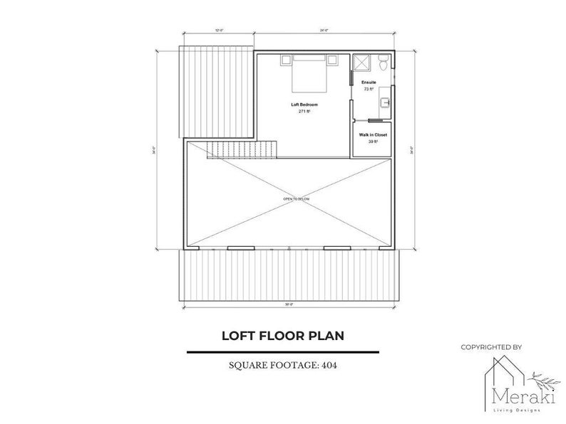 May include: A black and white loft floor plan with dimensions and room labels. The plan includes a loft bedroom, ensuite, walk-in closet, and a deck. The square footage is 404.