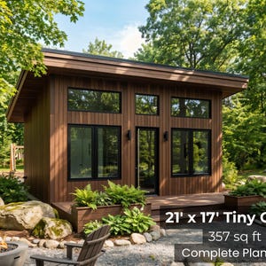 21x17 Tiny Cabin Plans (357 sq ft) | Modern Lean ADU Cabin, Backyard Studio | Blueprint PDF | Instant Download