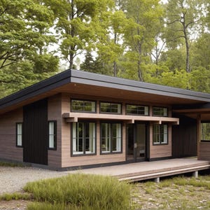 Rustic Cabin Plans, 2-Bedroom Retreat, Screened Porch & Deck, 760 Sq Ft, Eco-Friendly Design, Digital Blueprints.