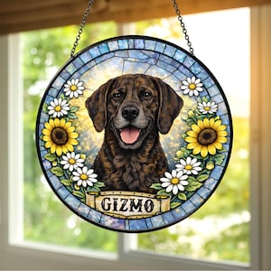 Personalized Plott Hound Suncatcher Custom Dog Portrait from Photo, Brindle Hound Gift, Stained Glass Style Window Hanging with Name