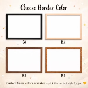 Puede incluir: Cuatro marcos rectangulares etiquetados B1, B2, B3 y B4. B1 es negro, B2 es beige claro, B3 es marr&oacute;n oscuro y B4 es de veta de madera media. El texto Choose Border Color aparece arriba y Custom frame colors available abajo.