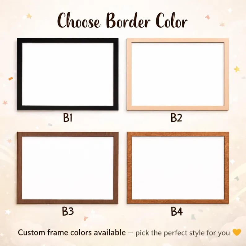Puede incluir: Cuatro marcos rectangulares etiquetados B1, B2, B3 y B4. B1 es negro, B2 es beige claro, B3 es marr&oacute;n oscuro y B4 es de veta de madera media. El texto Choose Border Color aparece arriba y Custom frame colors available abajo.